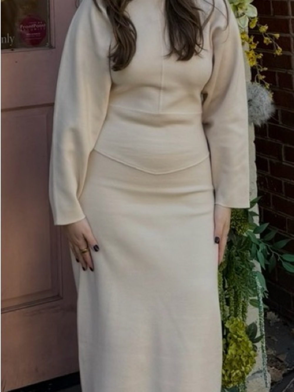 REVOLVE Cream Long Sleeve Fitted Midi Dress
